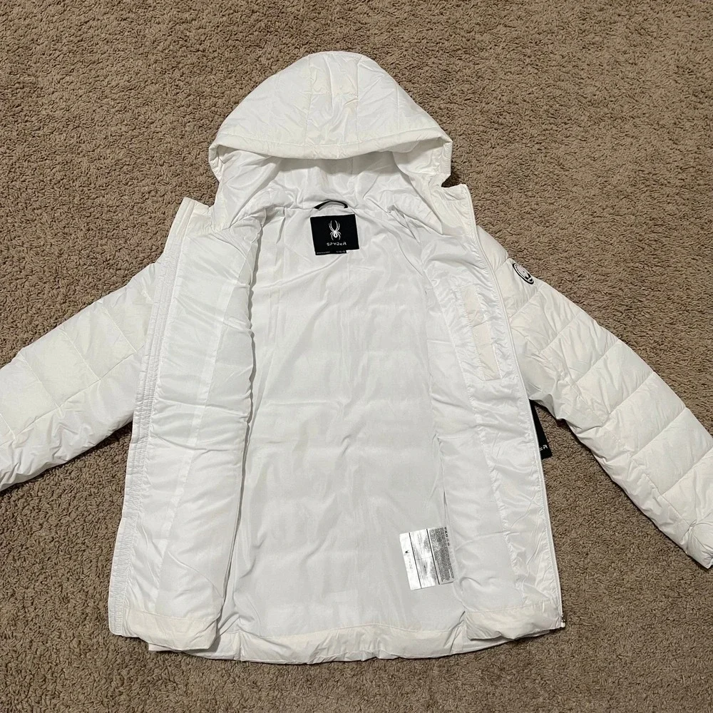 Spyder Puffer Jacket Womens Large Bright White Hooded Quilted Full Zip Ski NEW